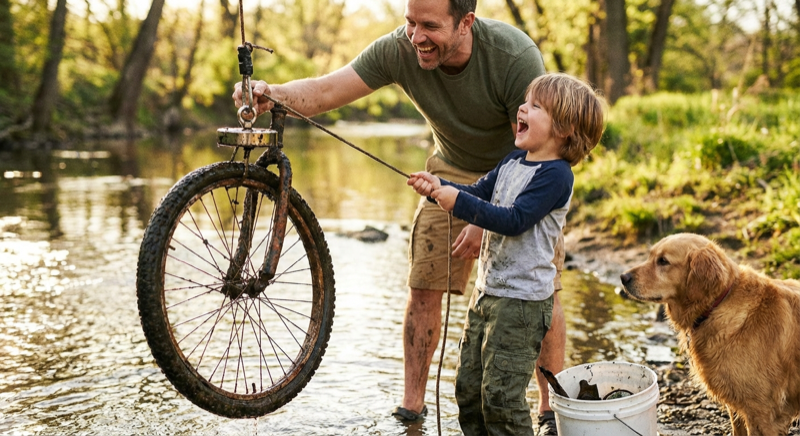 Familie beim Magnetfischen mit Kindern am Fluss